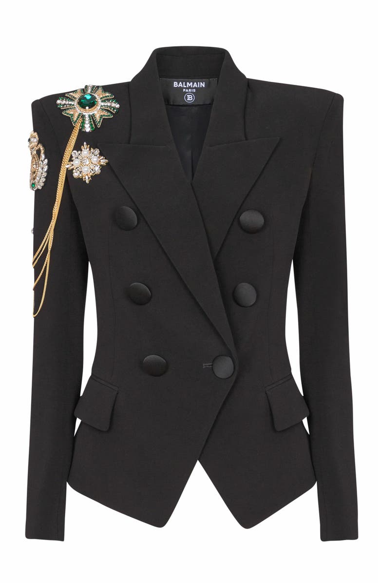 Balmain Crepe 6-Button Jacket With Embroidered Patches, Alternate, color, Black
