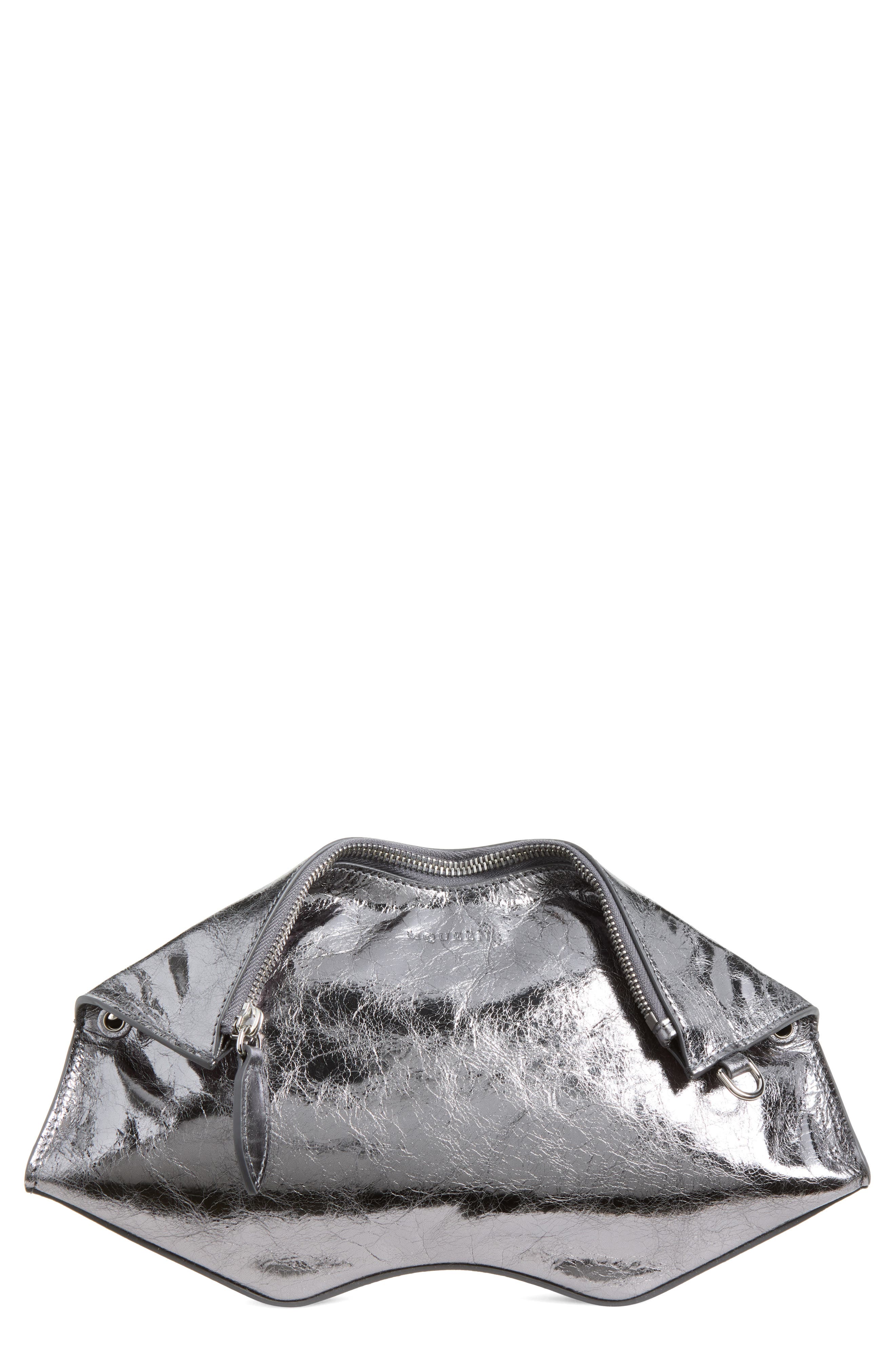 McQueen Manta Crinkled Metallic Leather Clutch, Main, color, Lead