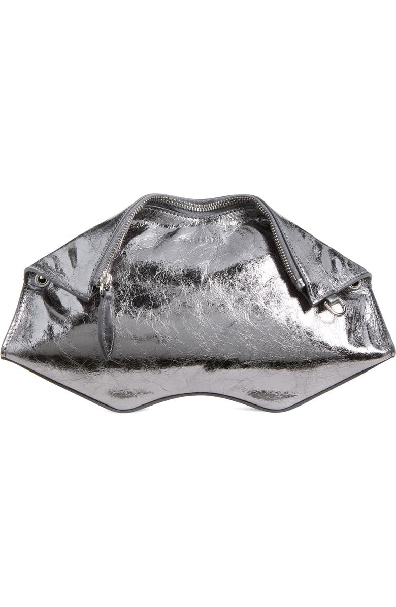 McQueen Manta Crinkled Metallic Leather Clutch, Main, color, Lead