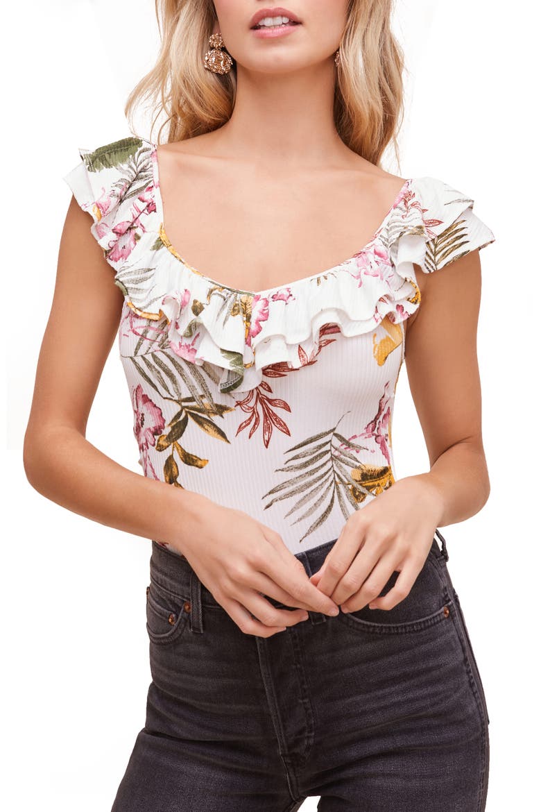 Floral Ruffle Strap Bodysuit, Main, color, CREAM MAUVE PALM