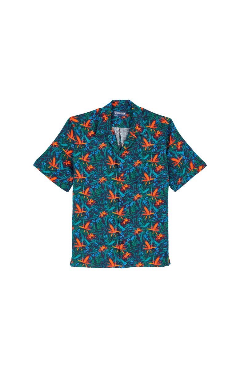 Vilebrequin Men's Tropical Flower Printed Linen Shirt, Alternate, color, Bleu Marine