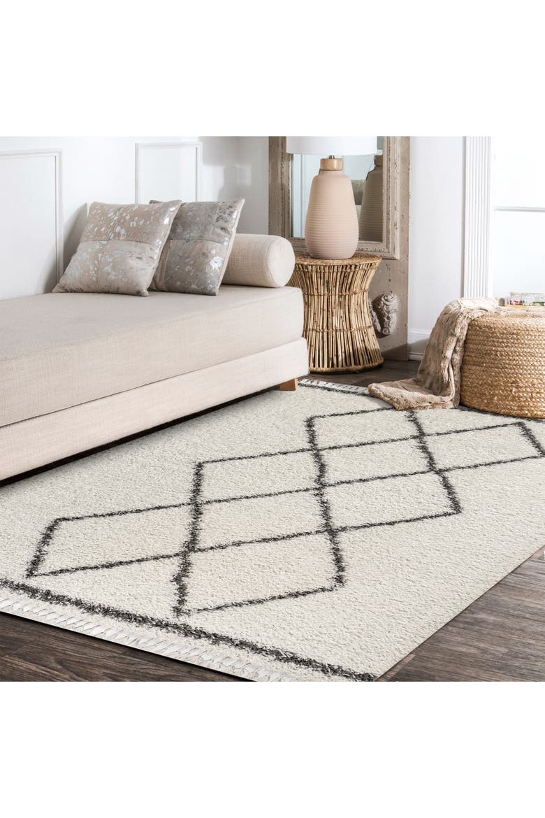 Mercer Shag Plush Tassel Moroccan  Geometric Trellis Denim Area Rug, Alternate, color, Cream/Gray