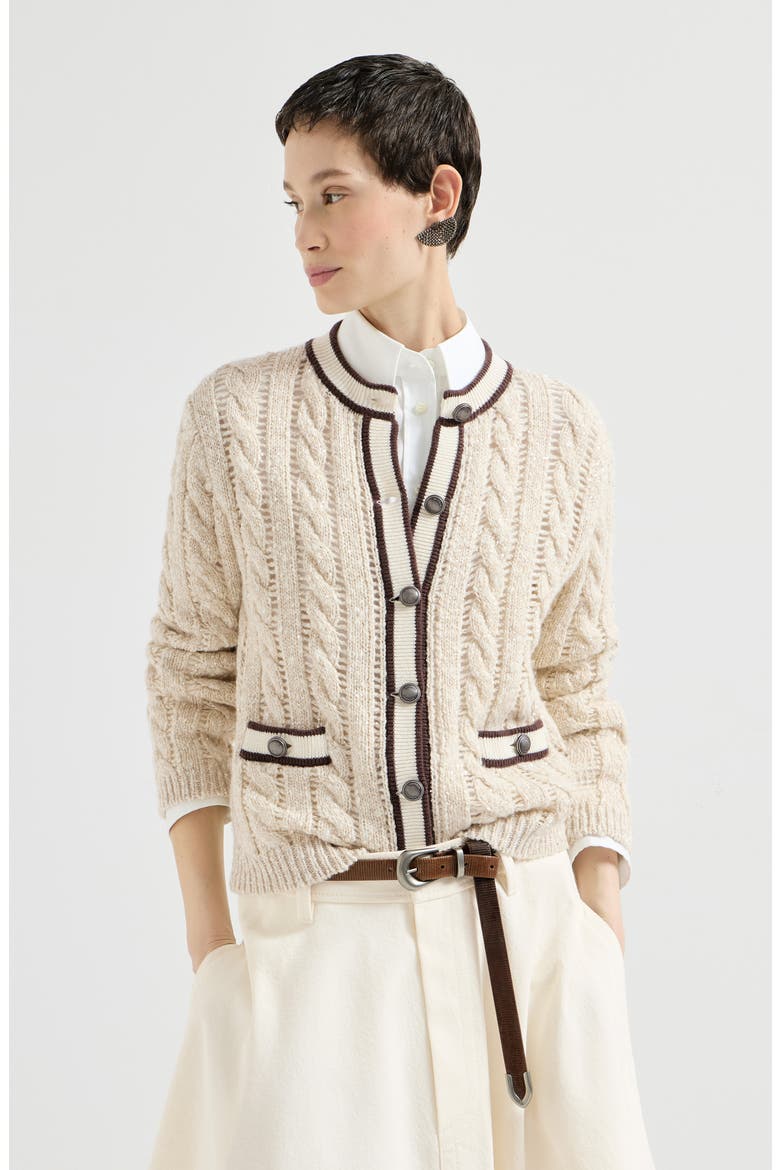 Soft virgin wool and cashmere diamond yarn cable knit cardigan, Alternate, color, Cream