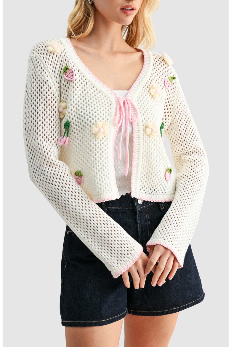 Crochet Appliqué Tie Front Open Stitch Cardigan, Main, color, CREAM PINK