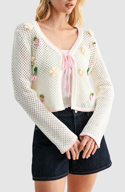 Crochet Appliqué Tie Front Open Stitch Cardigan