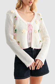 All in Favor Crochet Appliqué Tie Front Open Stitch Cardigan