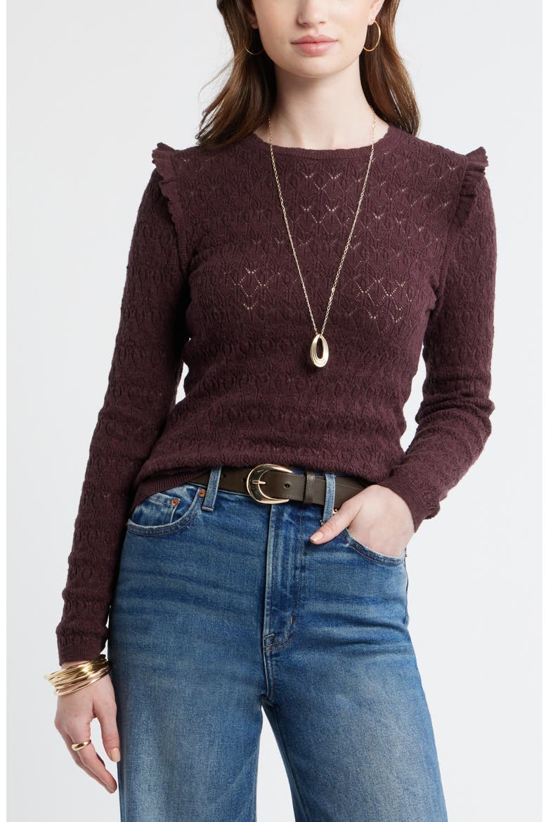 Ruffle Trim Pointelle Stitch Cotton Blend Sweater, Main, color, BURGUNDY FUDGE