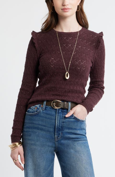 Ruffle Trim Pointelle Stitch Cotton Blend Sweater
