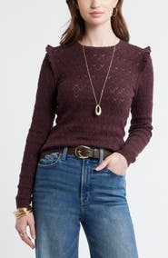 Treasure & Bond Ruffle Trim Pointelle Stitch Cotton Blend Sweater