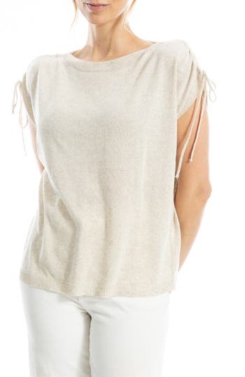 Max Studio Ruched Shoulder Short Sleeve Knit Sweater In Gray