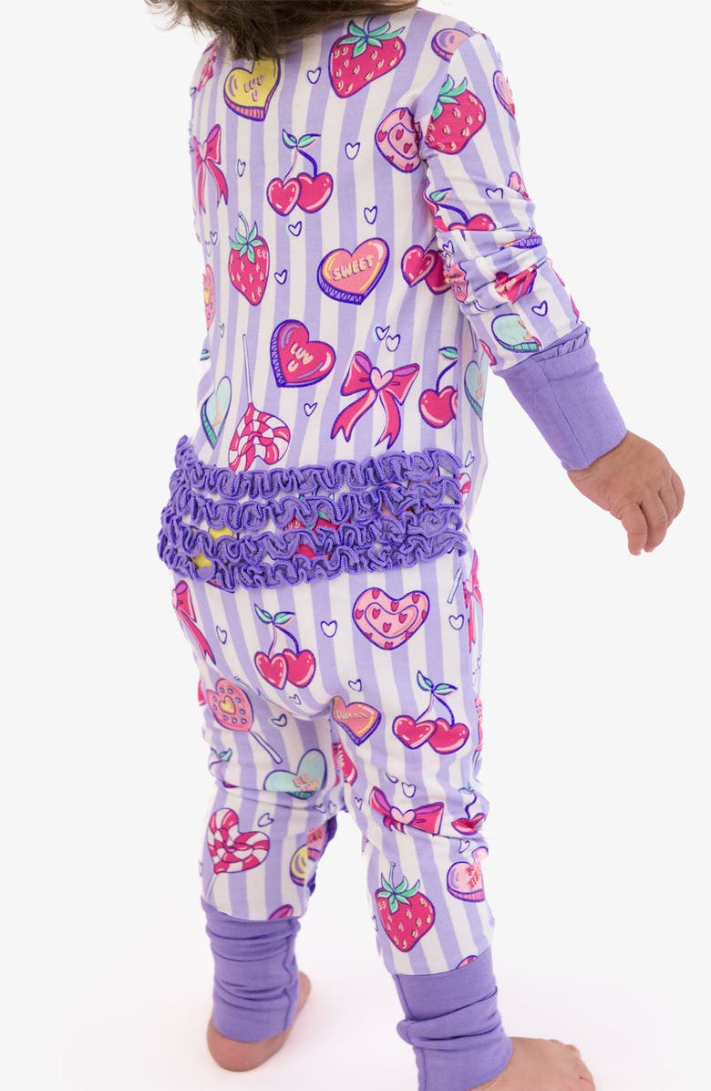 RuffleButts Lolly Hearts Zip One-Piece Pajamas, Alternate, color, Purple
