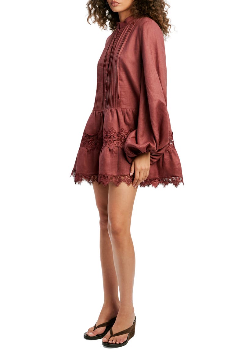 Antonia Lace Trim Long Sleeve Linen Minidress, Alternate, color, CHESTNUT