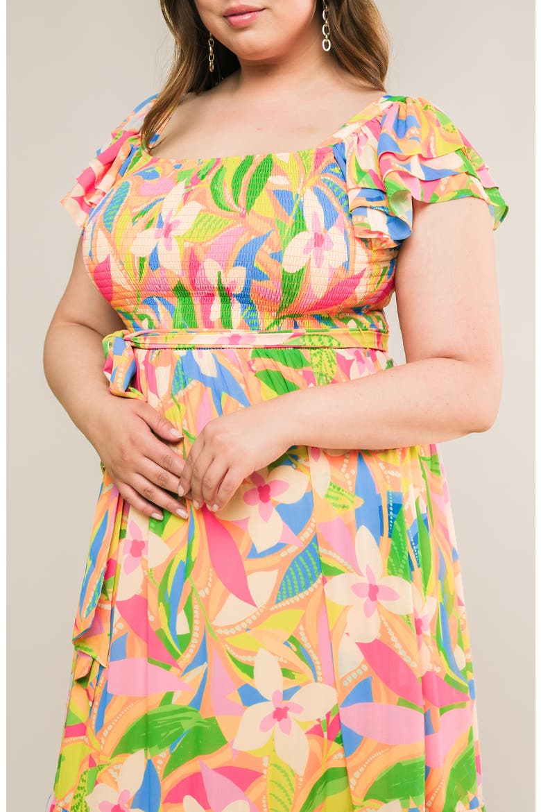 Printed Tie Waist Tiered Midi Dress, Alternate, color, ORANGE GREEN