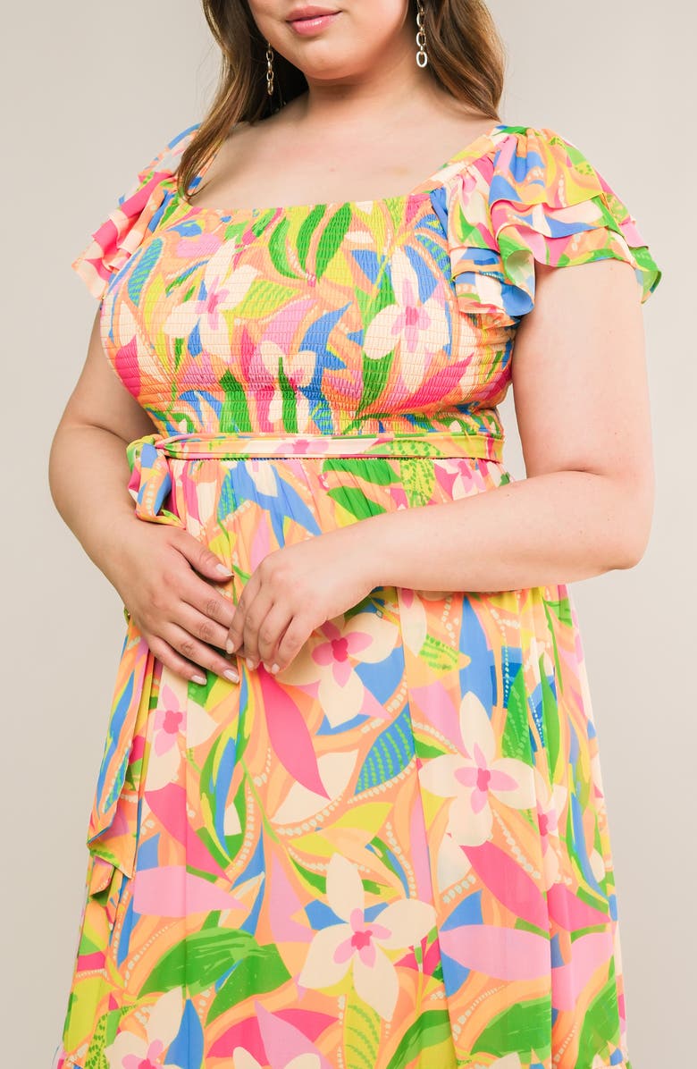 FLYING TOMATO Printed Tie Waist Tiered Midi Dress, Alternate, color, Orange Green