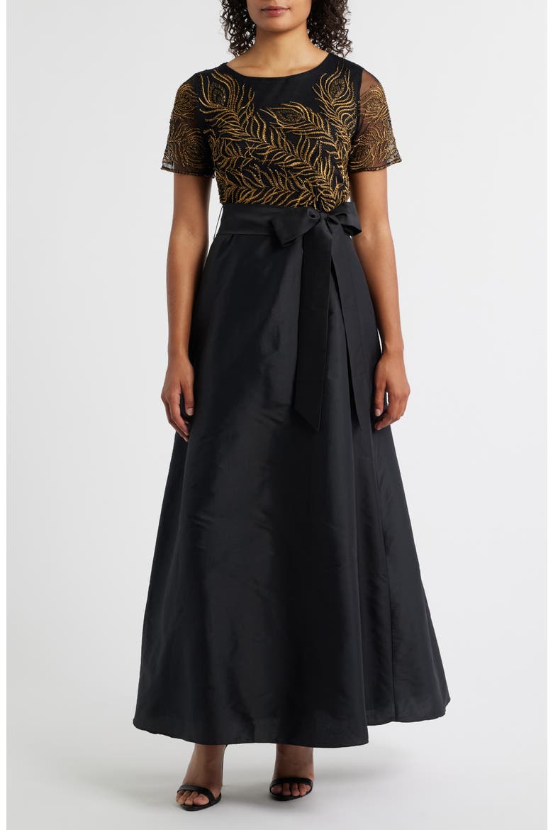 Beaded Embroidered Short Sleeve Taffeta A-Line Gown, Main, color, BLACK/ GOLD