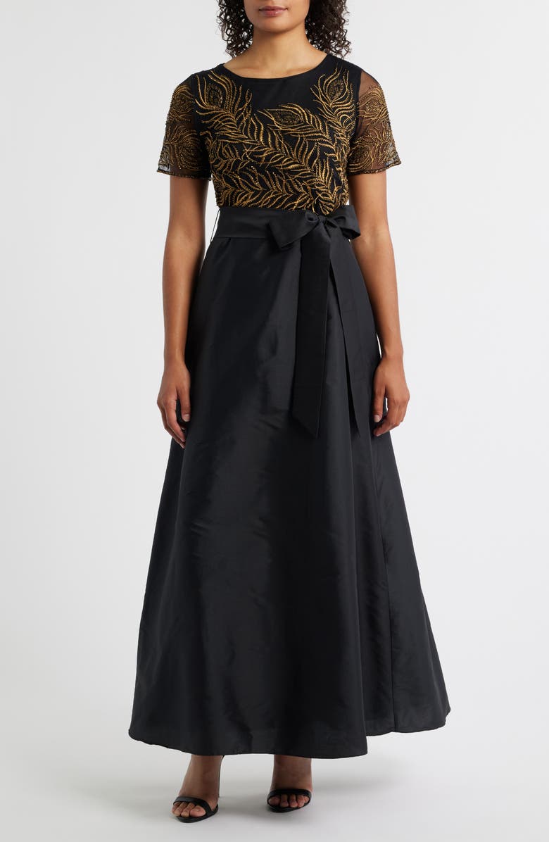 Pisarro Nights Beaded Embroidered Short Sleeve Taffeta A-Line Gown, Main, color, Black/ Gold