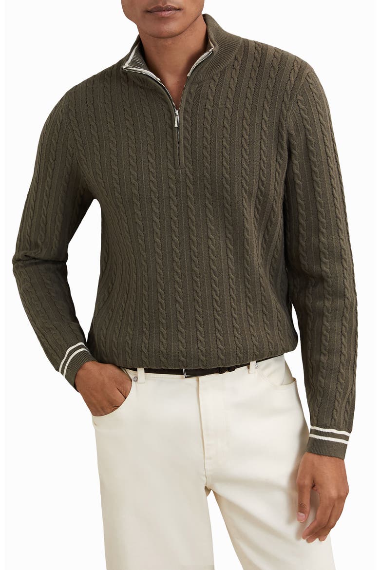 Tuscano Cable Quarter Zip Sweater, Main, color, KHAKI GREEN