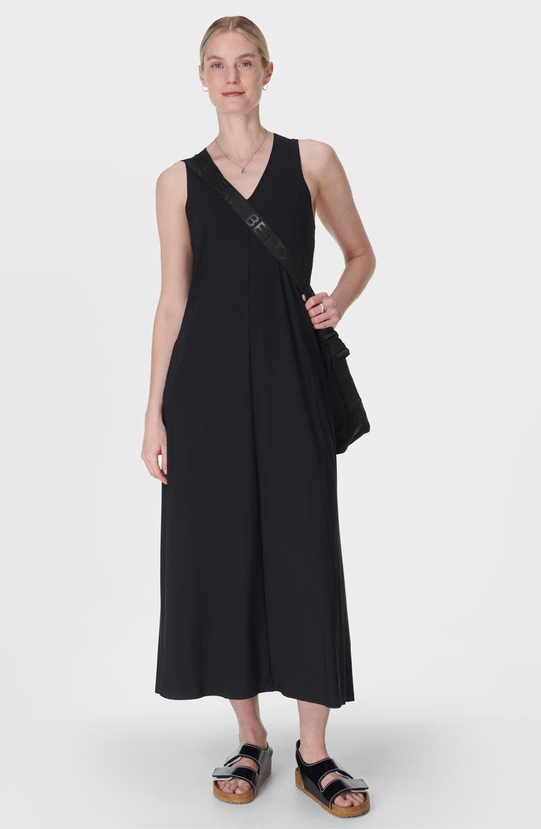 Sweaty Betty Explorer Ace V-Neck Midi Dress, Alternate, color, Black