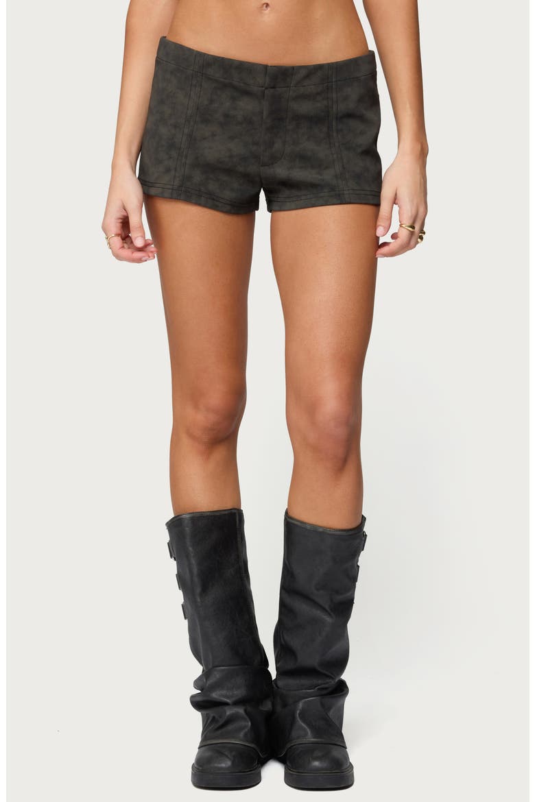 Taia Distressed Faux Leather Shorts, Main, color, DARK-BROWN