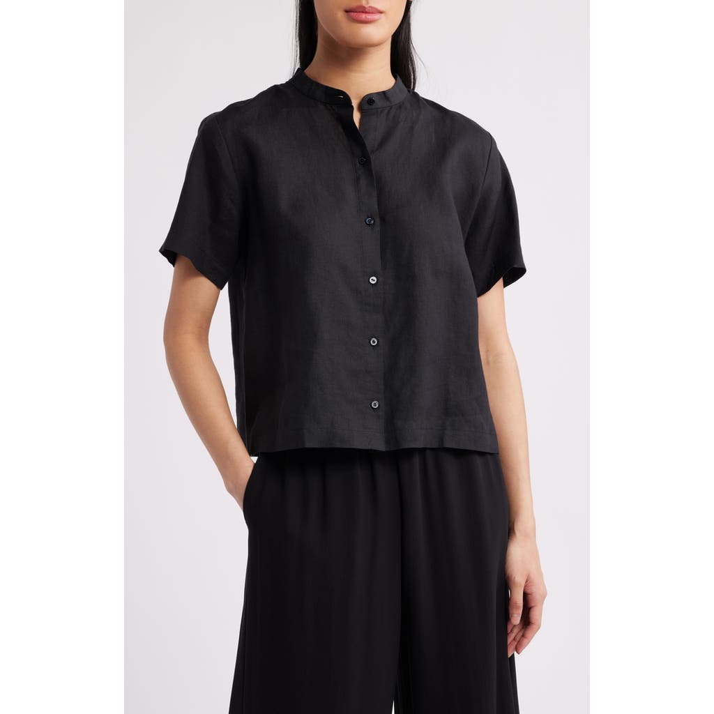 Eileen Fisher Organic Handkerchief Linen Band Collar Short-sleeve Shirt In Black