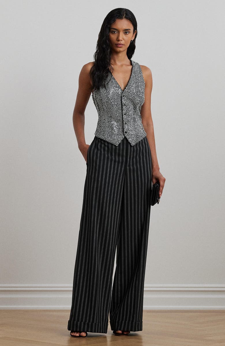 Lauren Ralph Lauren Stripe Wide Leg Twill Pants, Alternate, color, Black/ Cream