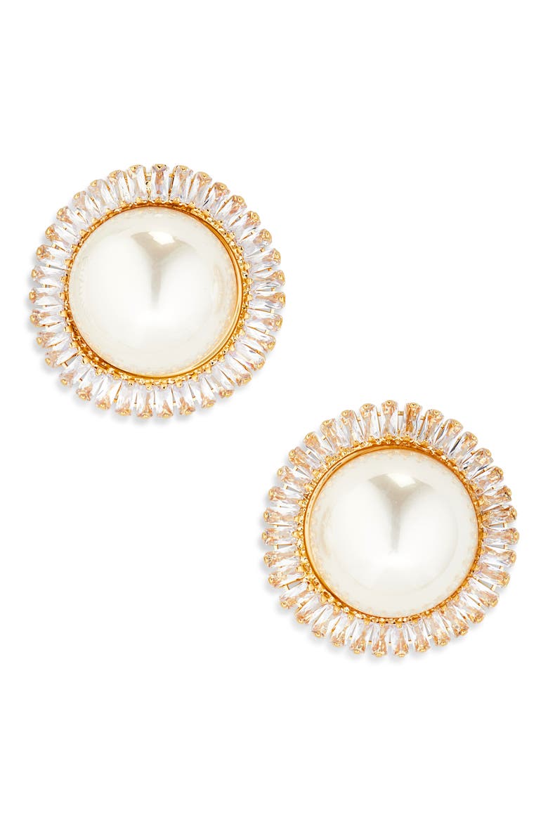 Cubic Zirconia & Faux Pearl Stud Earrings, Main, color, GOLD CZ