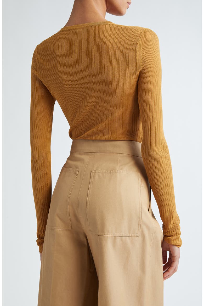 Saggina Split Neck Rib Silk Top, Alternate, color, TOBACCO