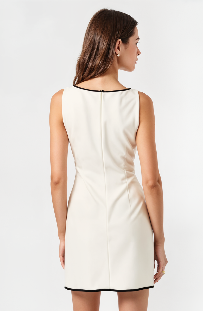 Modenaire Sleeveless A-Line Mini Dress with Contrast Trim and Faux Pockets, Alternate, color, Off-White / Black