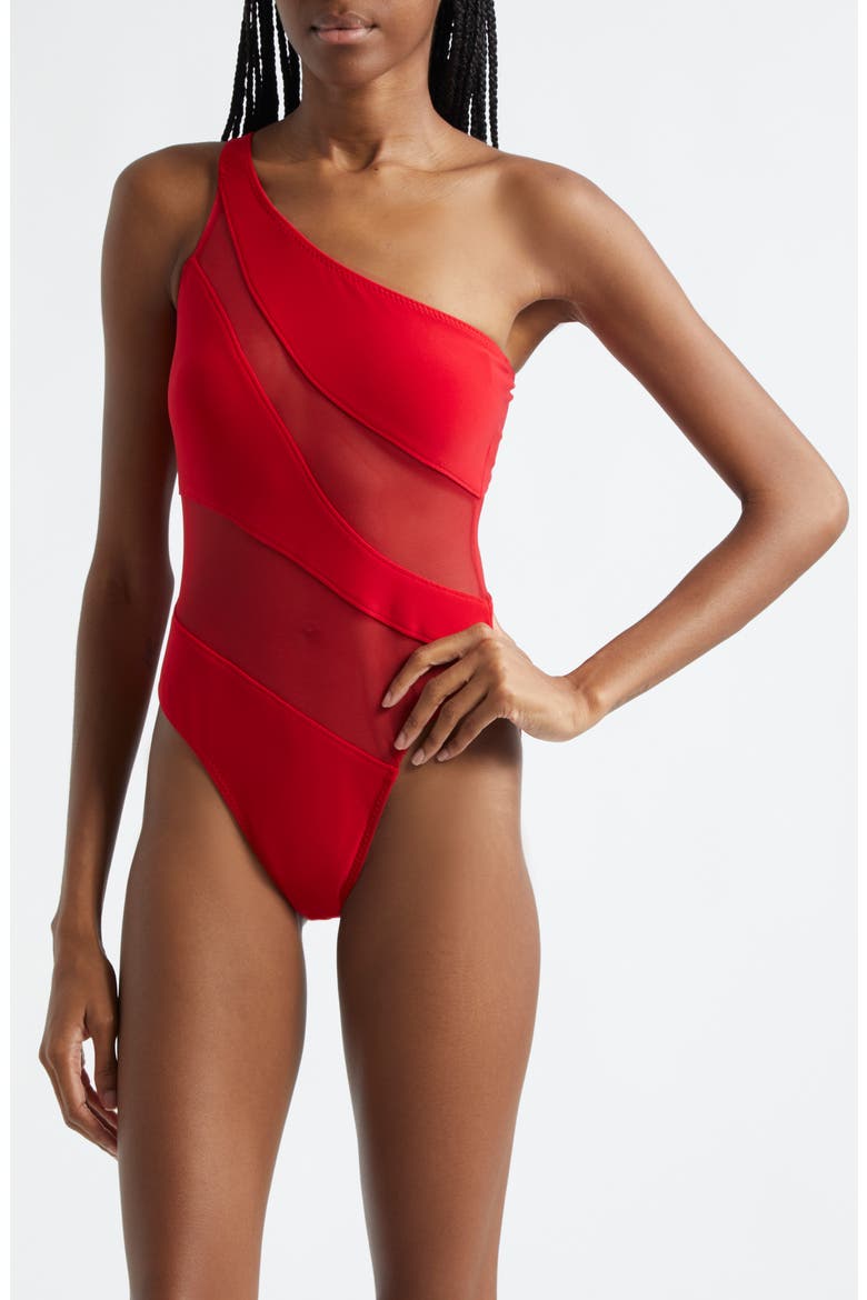 Snake Mesh Inset One-Shoulder One-Piece Swimsuit, Alternate, color, TIGER RED/ TIGER RED