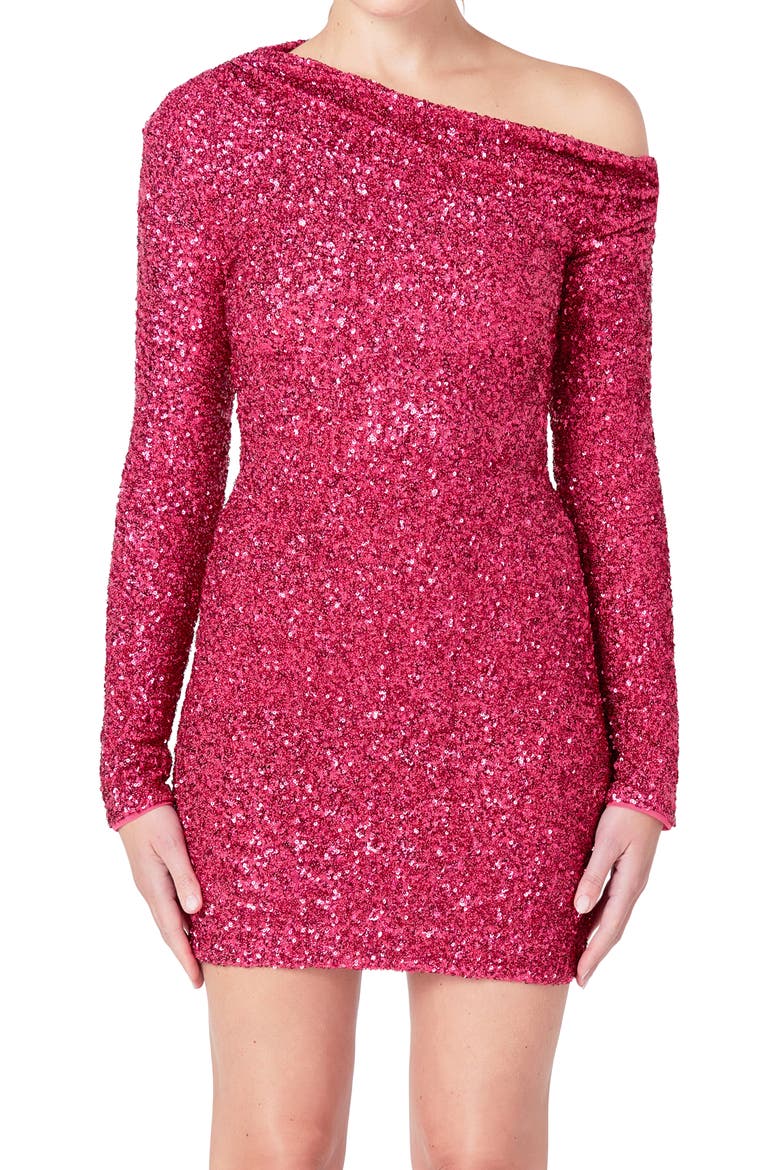 Sequin One-Shoulder Long Sleeve Stretch Minidress, Alternate, color, BERRY
