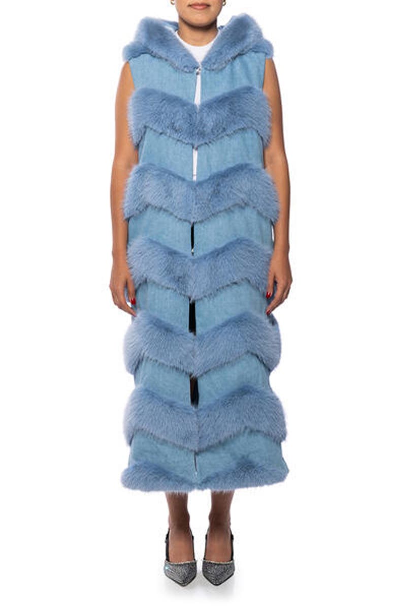AZALEA WANG Hooded Faux Fur & Denim Vest, Main, color, 