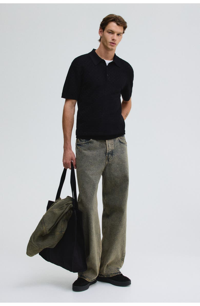 H&M Slim Fit Textured-knit Polo Shirt, Alternate, color, Black