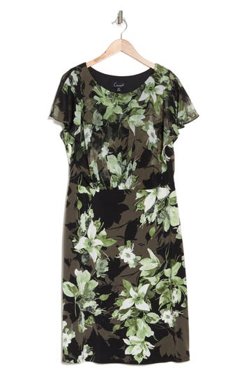 Connected Apparel Floral Chiffon Sleeve Sheath Dress In Olive