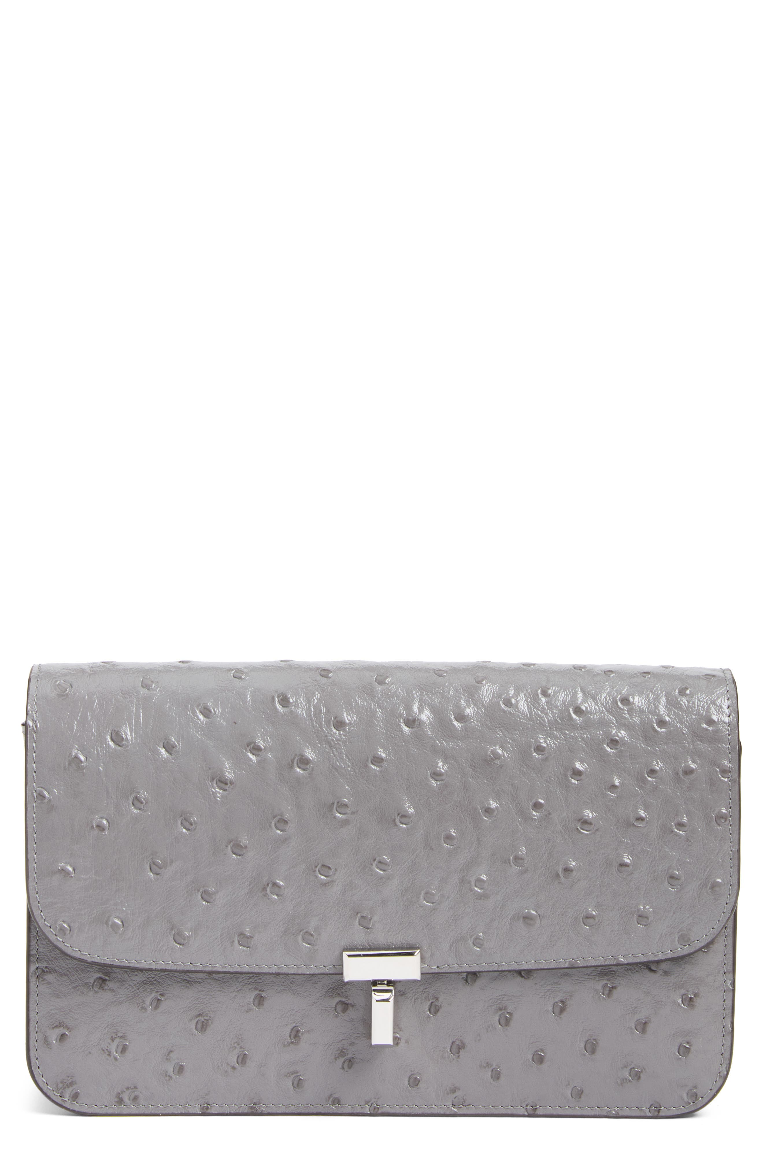 T-Lock Ostrich Embossed Leather Crossbody Bag, Main, color, GREY