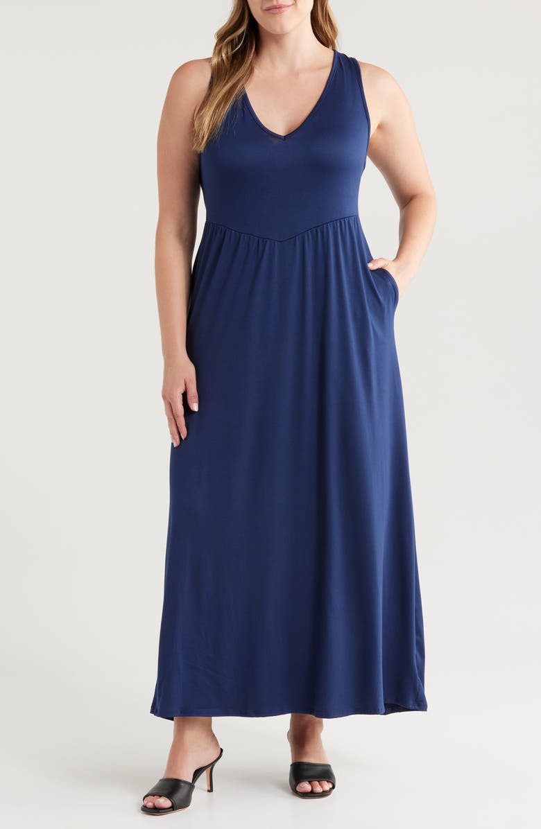 24seven Comfort Apparel Sleeveless Stretch Maxi Dress, Main, color, Navy