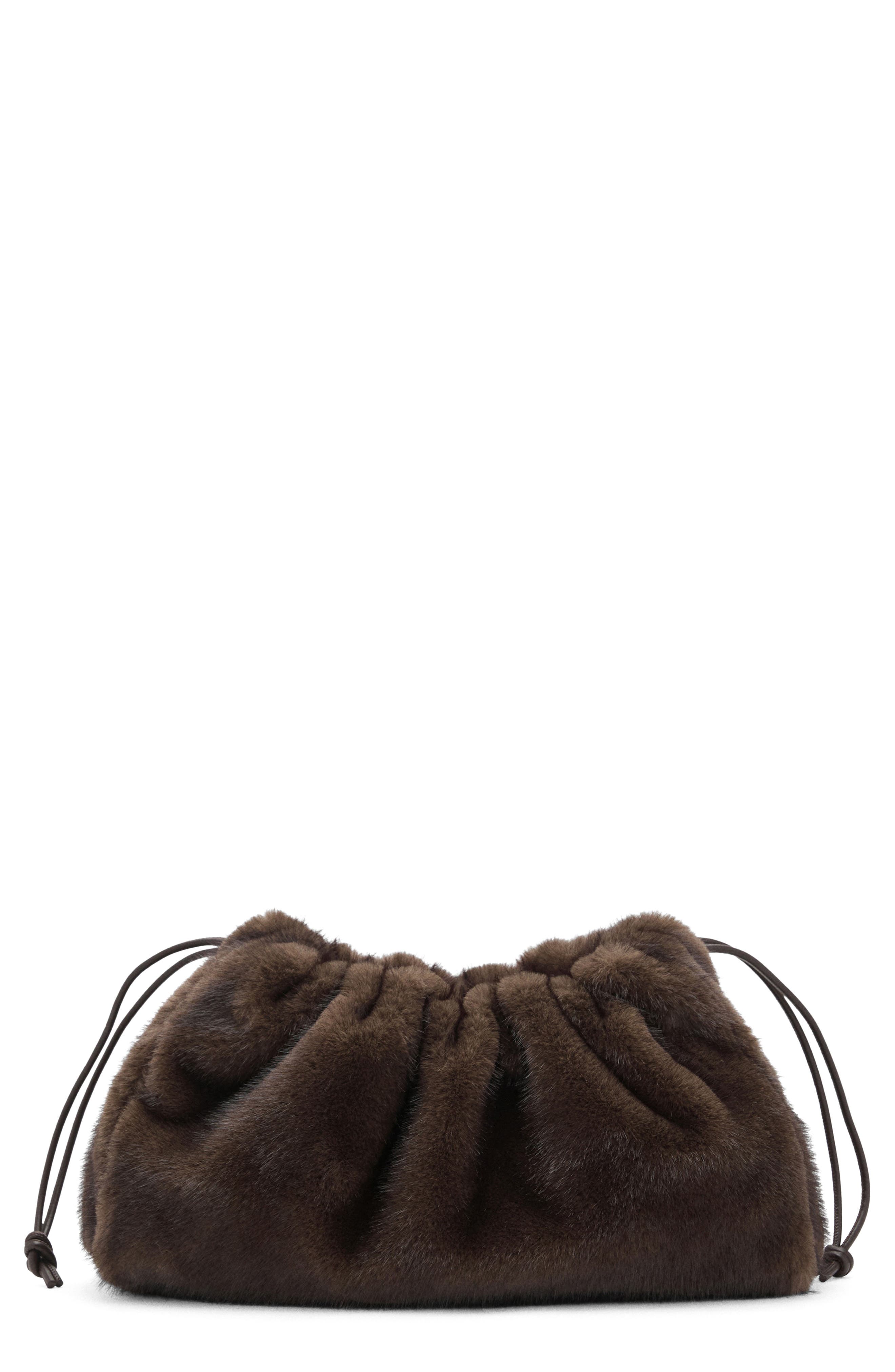 MANGO Faux Fur Darwstring Clutch, Main, color, Chocolate
