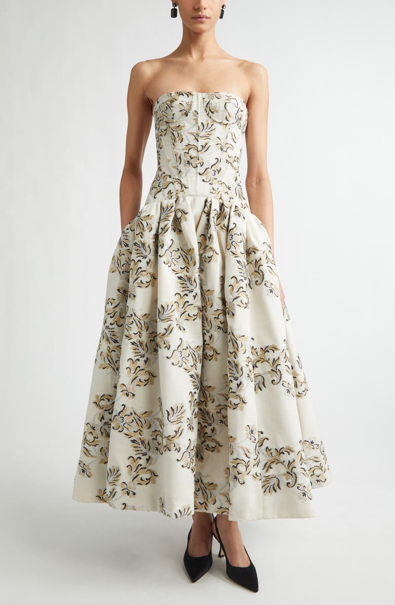 Carolina Herrera Trellis Jacquard Strapless Gown, Main, color, Ivory Multi