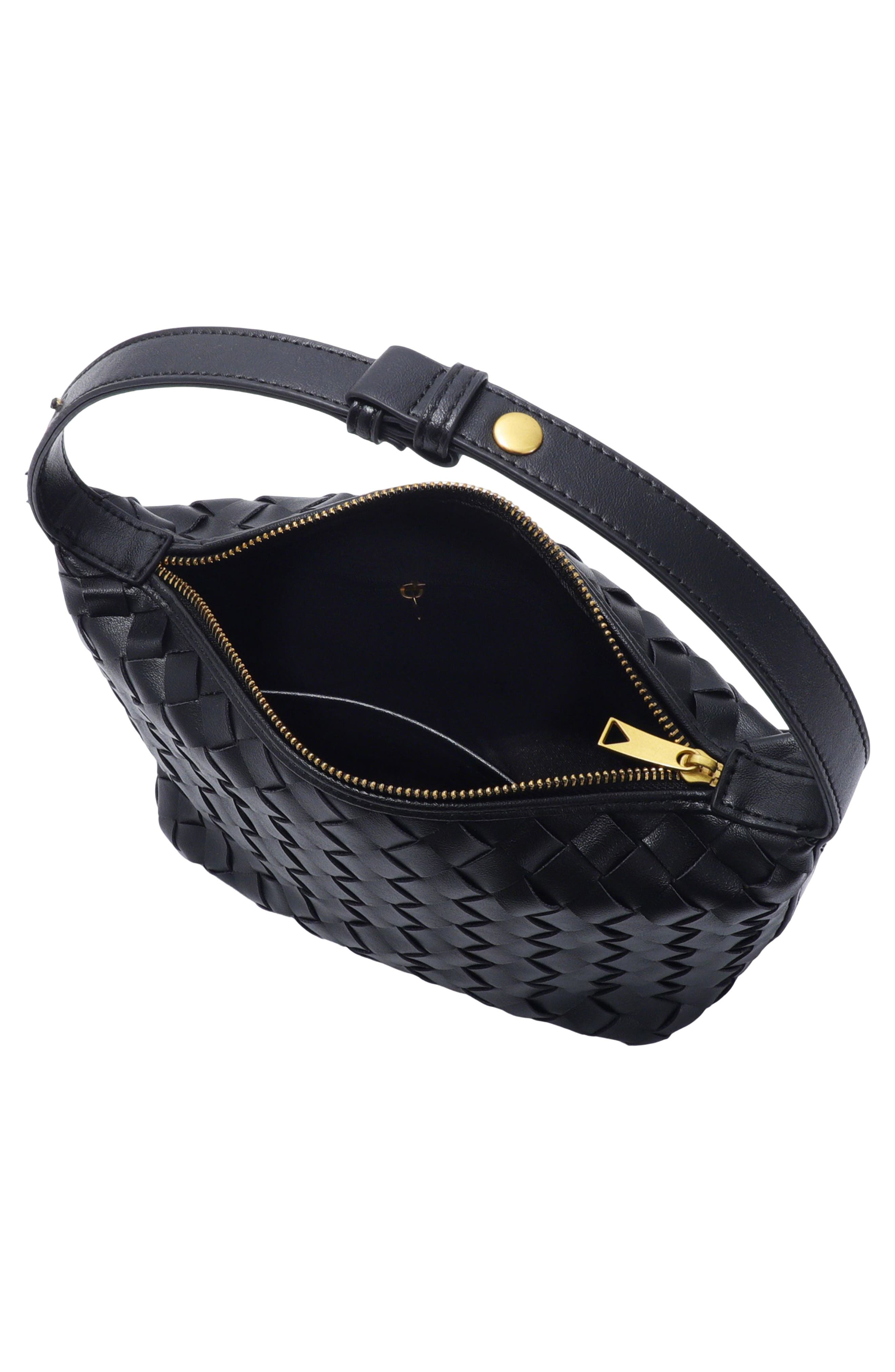 Woven Faux Leather Crescent Bag, Alternate, color, BLACK