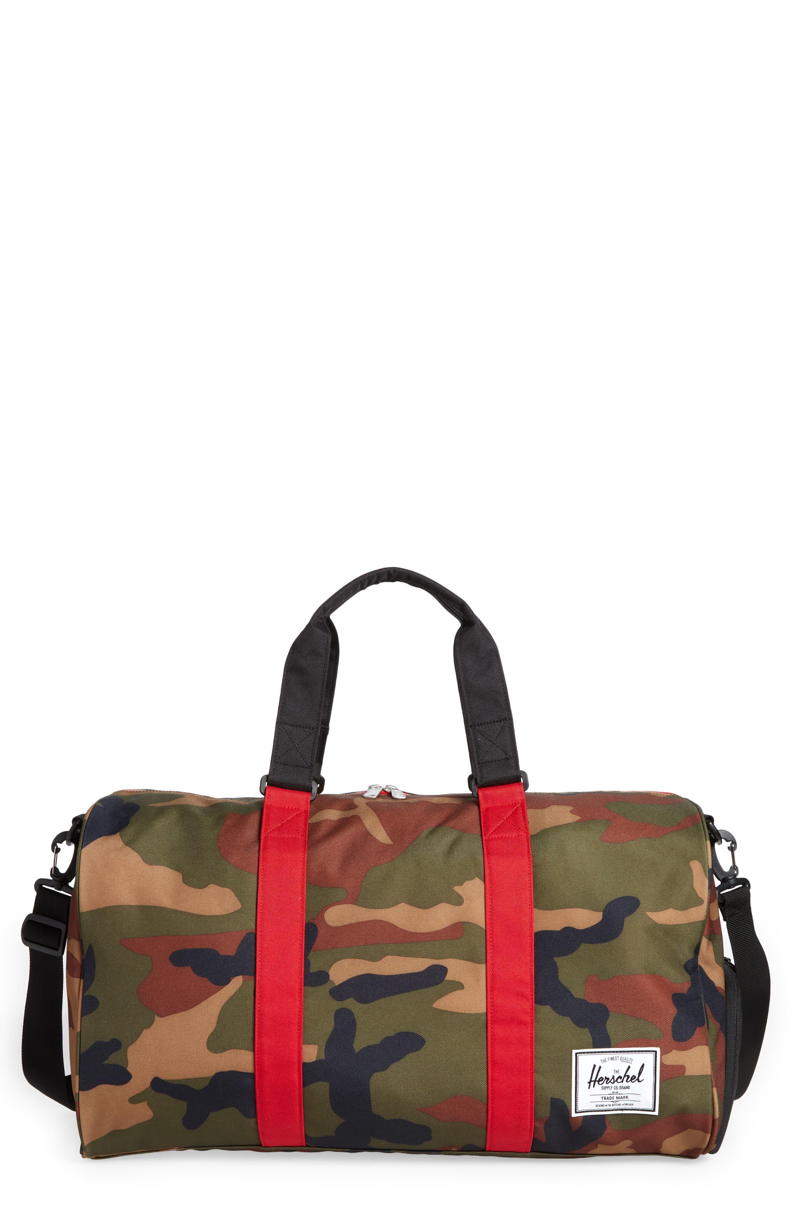 Novel Water Resisant Duffle Bag, Main, color, WOODLAND CAMO BLACK
