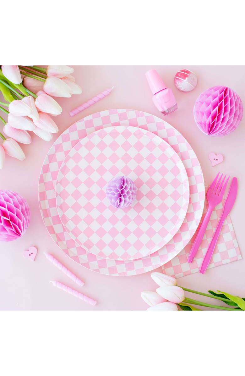 Jollity & Co Checkered Dinner Plates, Alternate, color, Tickle Me Pink