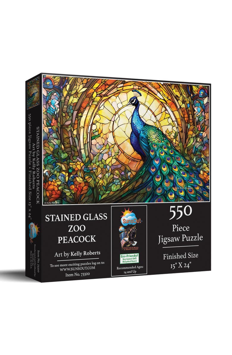 Sunsout Stained Glass Zoo Peacock 550 piece Jigsaw Puzzle for Adults, Main, color, Multicolor