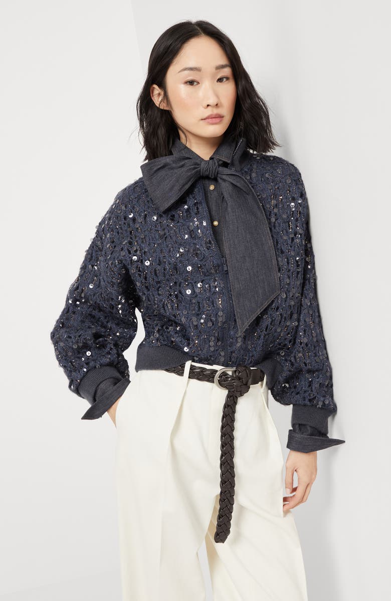 Brunello Cucinelli Dazzling croc embroidery cardigan, Alternate, color, Navy Blue