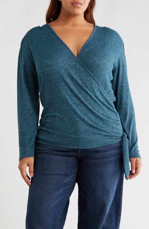 Wrap Front Side Tie Knit Top (Plus)