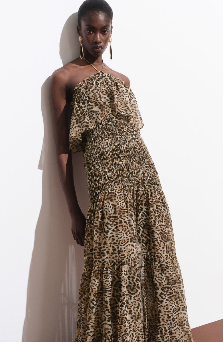 MANGO Leopard Print Halter Maxi Dress, Alternate, color, Brown