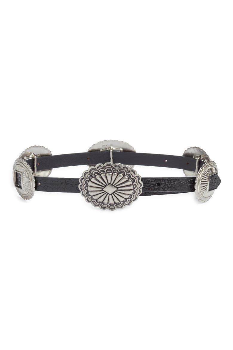 & Stetson The Tooled Leather Concho Belt, Main, color, BLACK WITH SILVER