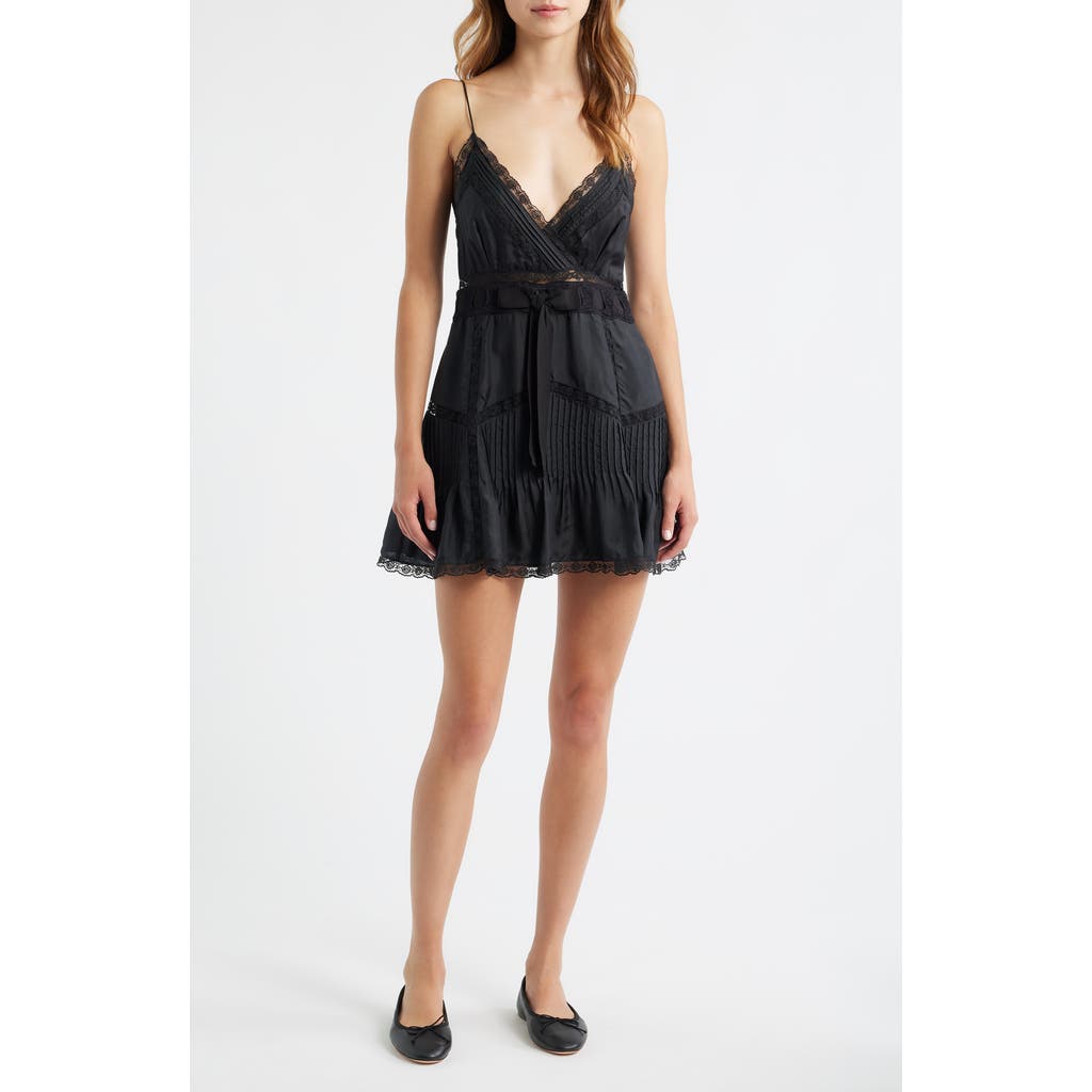 Loveshackfancy Sibelle Pleated Bodice Lace Inset Silk Minidress In Black