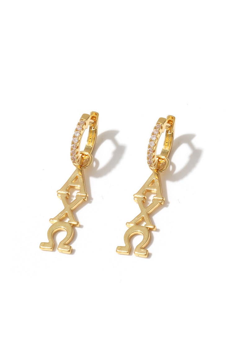 Alpha Chi Omega Greek Letter Huggie + Charm Earrings, Main, color, Yellow Gold