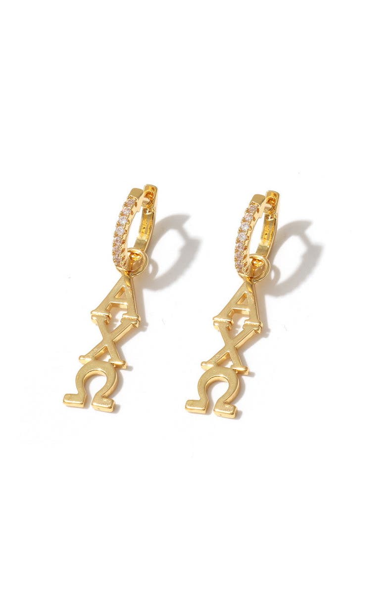 Color Shout Alpha Chi Omega Greek Letter Huggie + Charm Earrings, Main, color, Yellow Gold