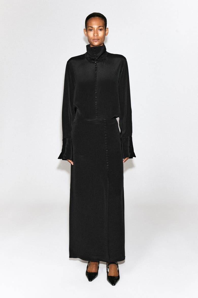 Button-detail Silk-crepe Shirt, Alternate, color, BLACK