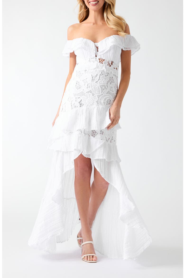 Maya Lace Ruffle Off the Shoulder Maxi Dress, Main, color, OPEN WHITE